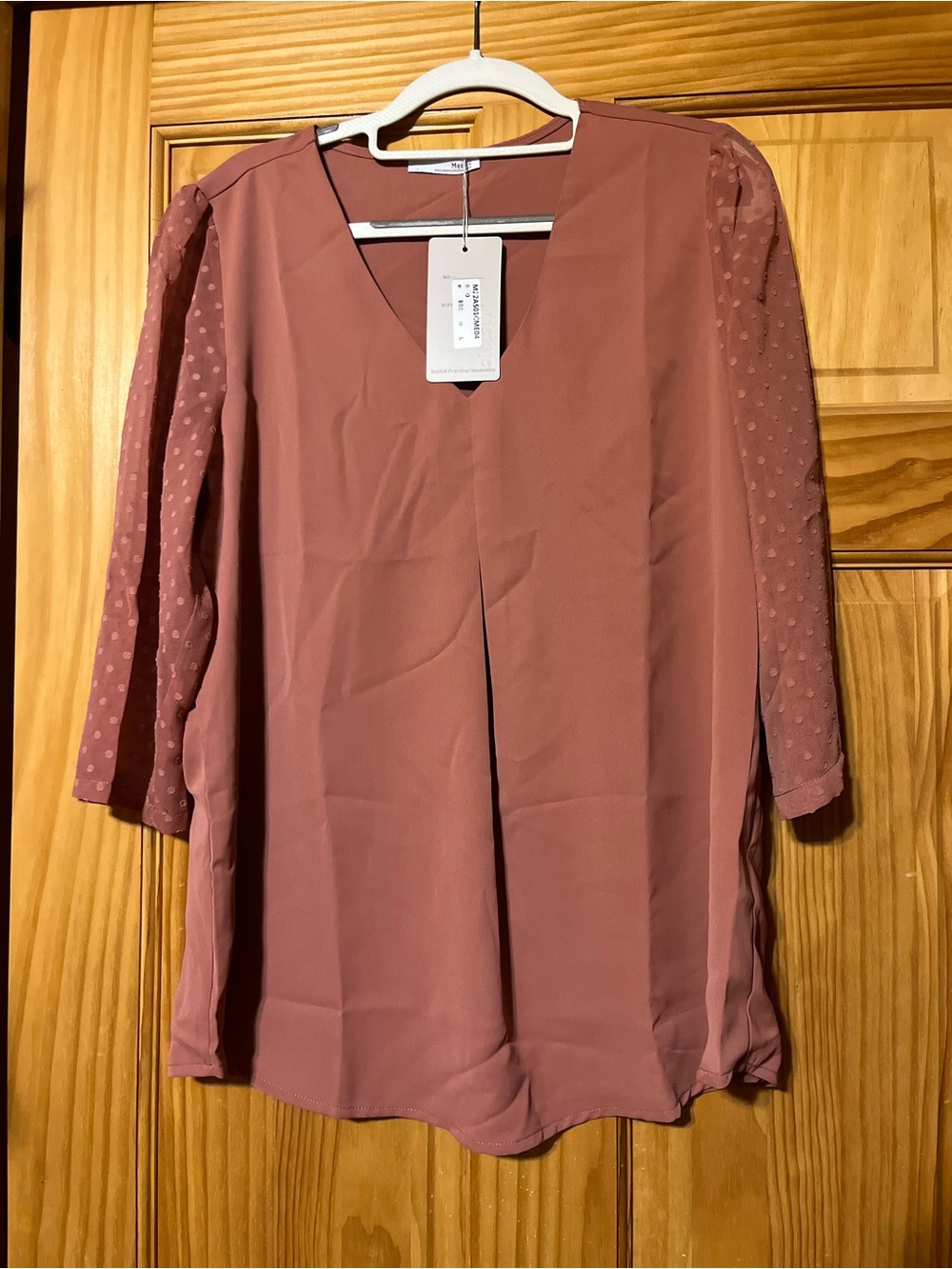 Women's Dusty Rose V-Neck Blouse with Sheer Dot Sleeves